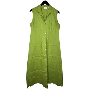 PARISIAN Works Sleeveless Green Collared Button-Down Maxi Dress, 100% Linen, M